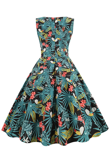 Feuilles vertes Imprimée Vintage 1950s Robe